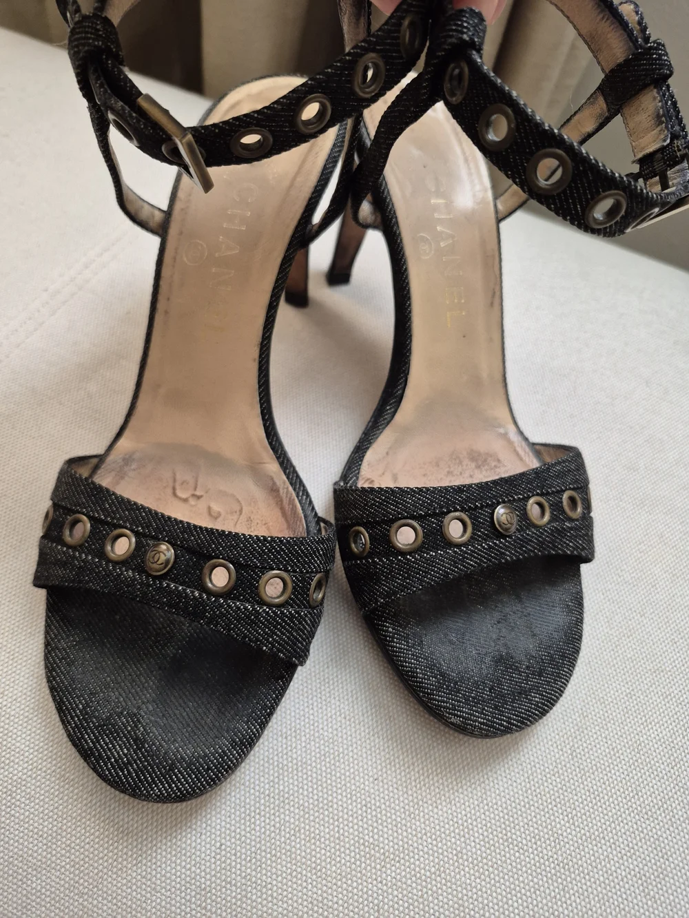 CHANEL Black Denim Studded Open-Toe Heels